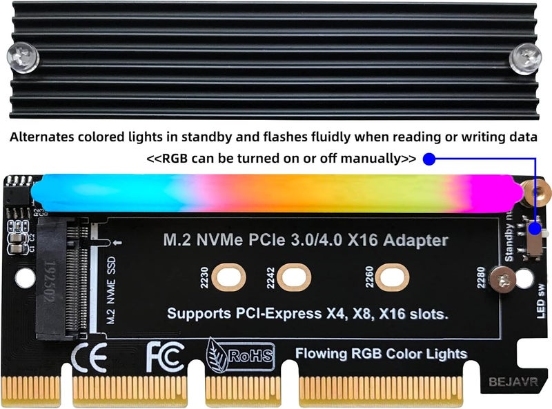 Bejavr بطاقة توسيع SSD مع محول M.2 PCIe NVMe مزودة بشريط ضوء RGB وحل مبرد من الألمنيوم، تدعم فتحات PCI-Express 3.0/4.0/5.0/X4/X8/X16. - Image 3